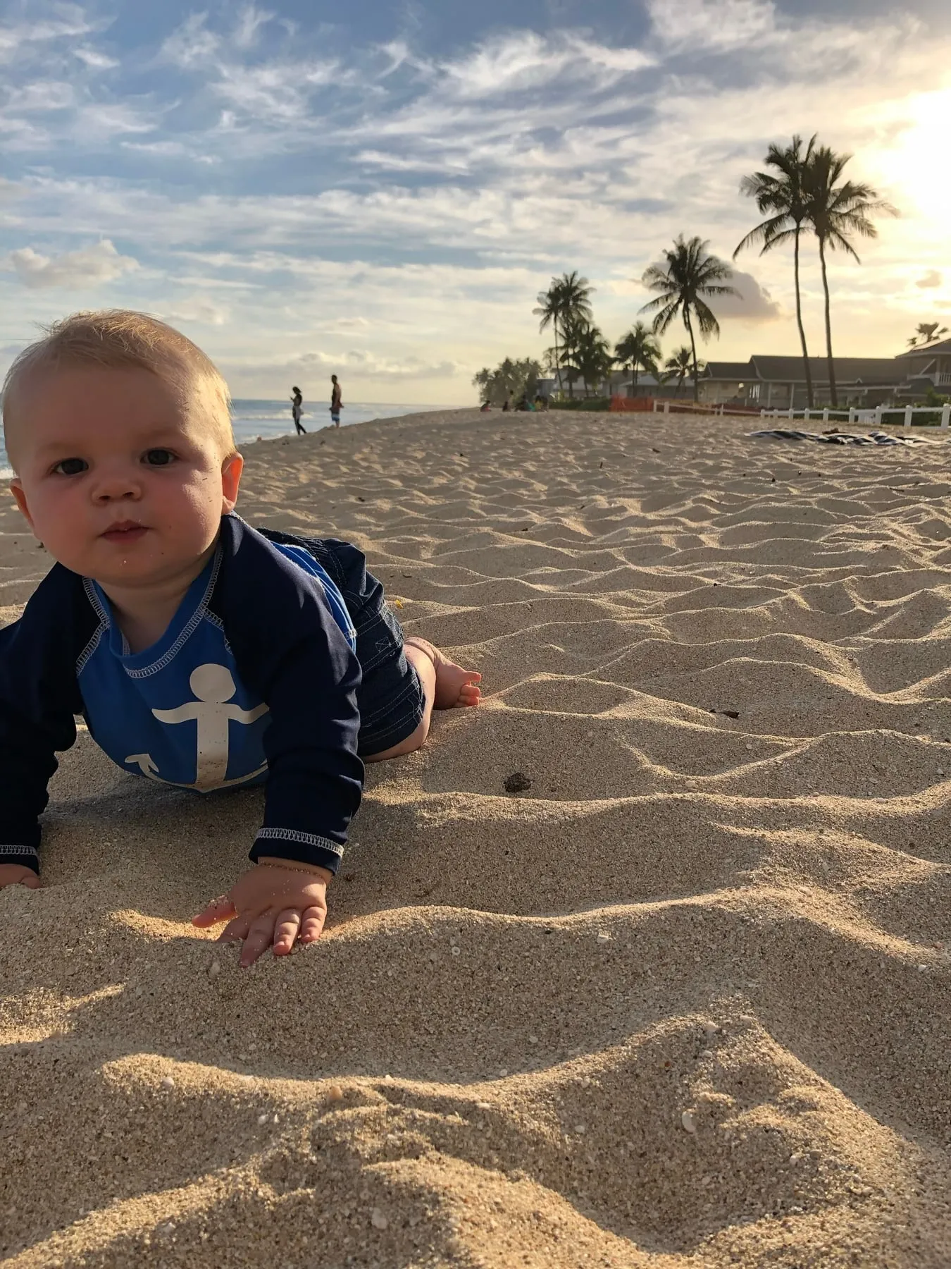 A baby crawling on the sand with palm trees behind him in Hawaii