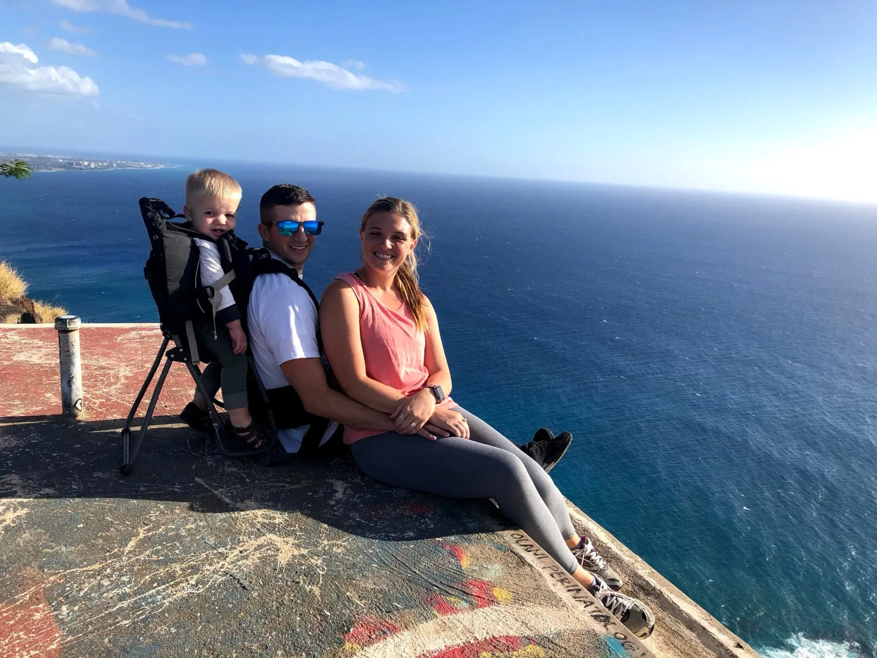 Our family sitting on a sea cliff above the deep blue Pacific, our oldest in a hiking carrier