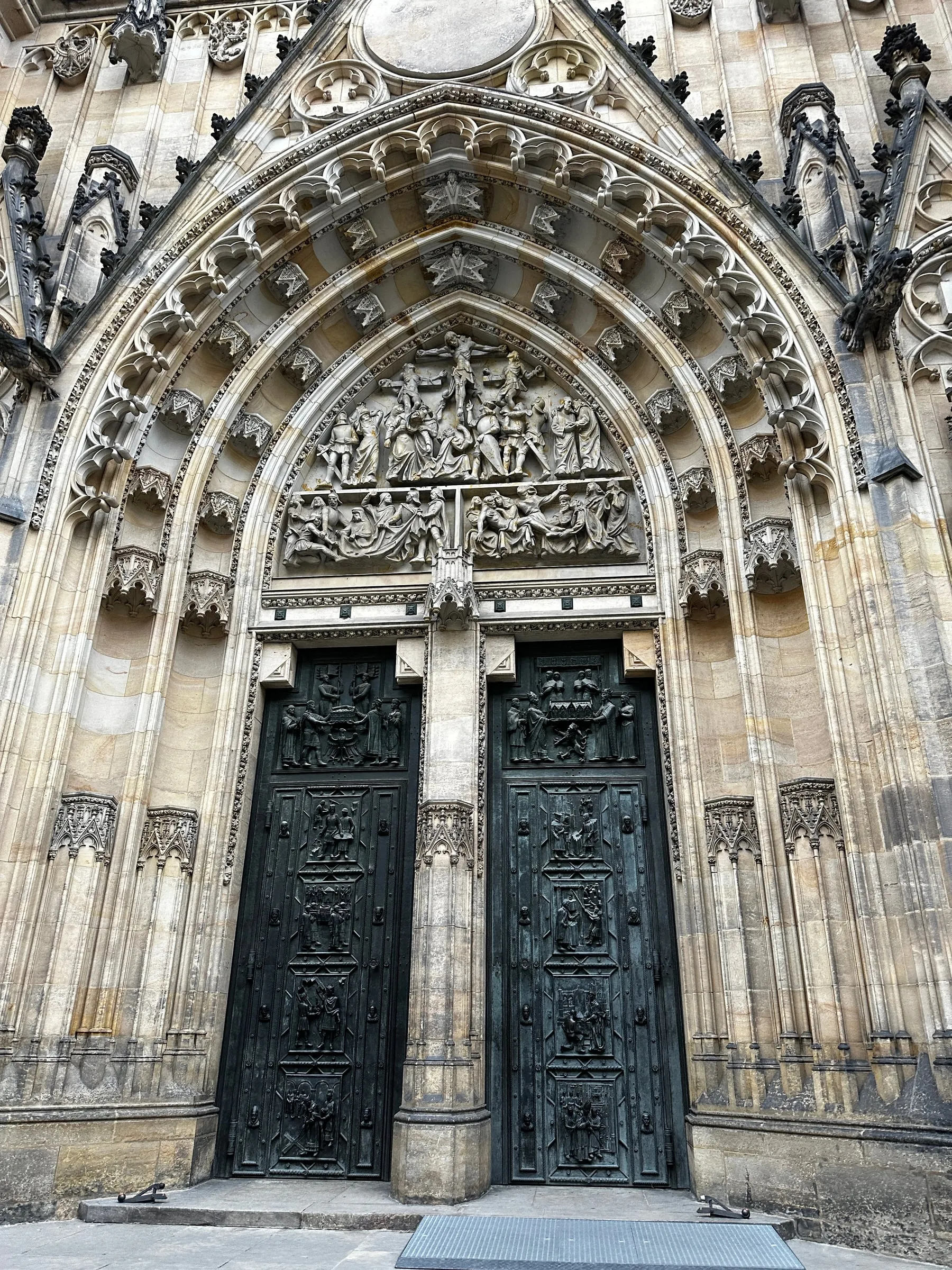 The carved Gothic entrance doors of St. Vitus Cathedral