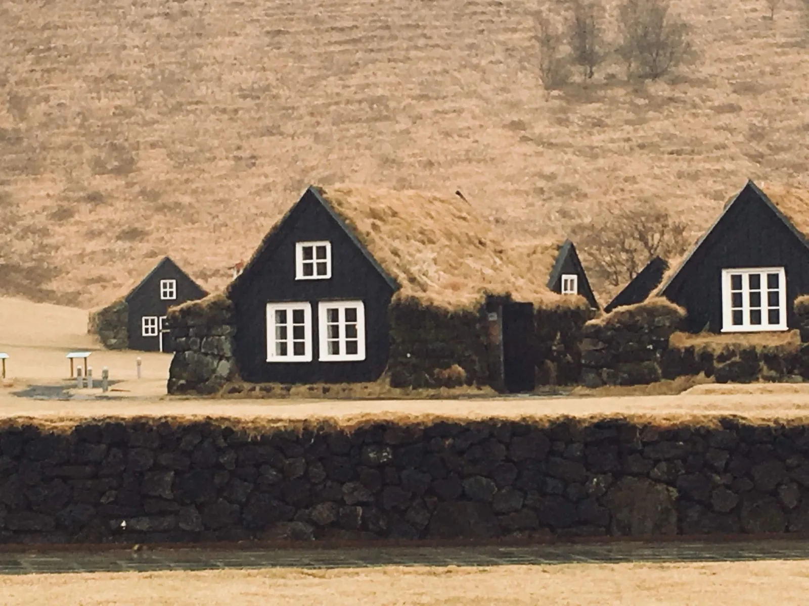Traditional black wooden houses with grass-covered turf roofs in front of a hillside